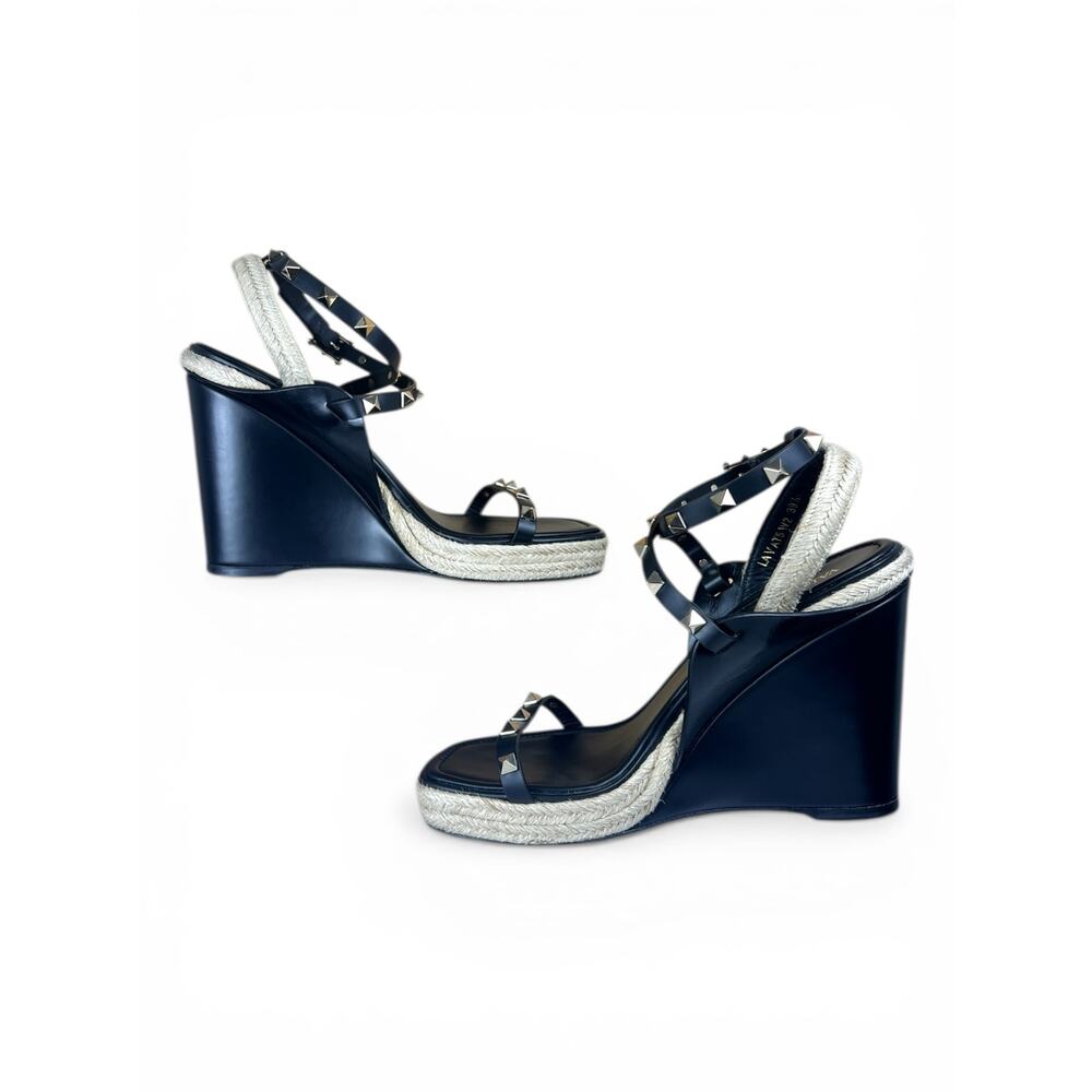 Valentino Garavani Rockstud Espadrille Wedge Sandals Black 39.5 - Picture 8 of 9